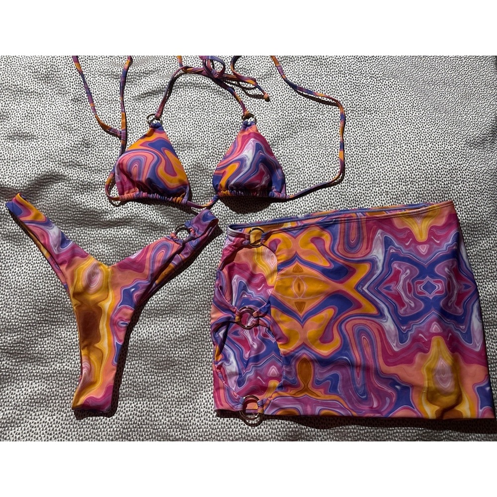 Berry Beachy Bikini Set Large Swimsuit Tie Dye Psychedelic Thong High Waisted‎